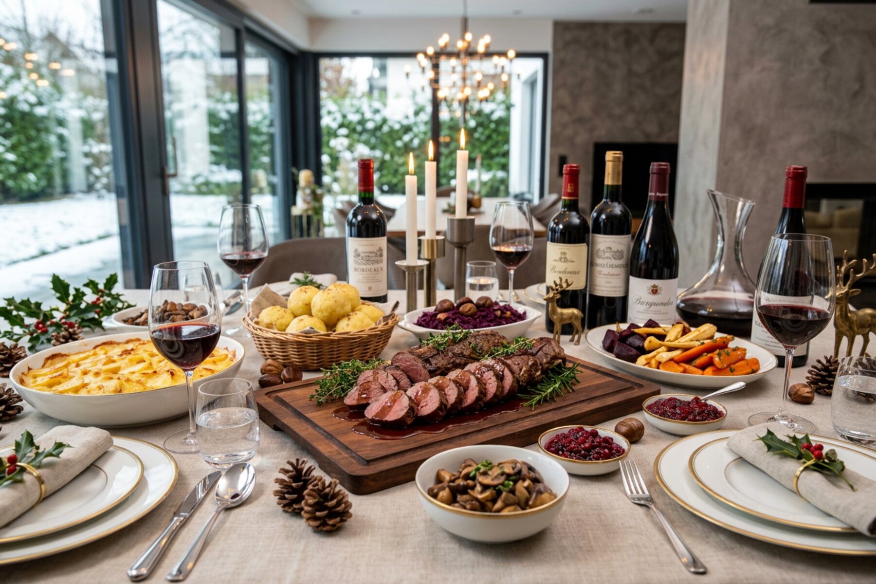 Gedeckter Tisch mit Lende vom Wild, angerichtet mit Beilagen und Wein