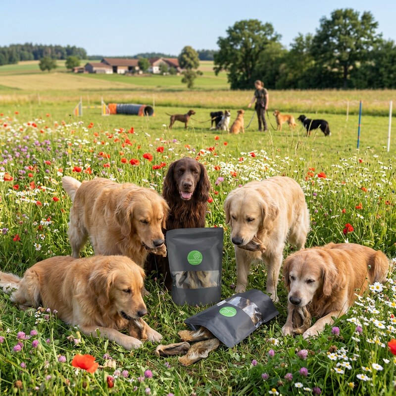 Hunde mit WildeLeckerle-Hundeleckerli auf einer Blumenwiese
