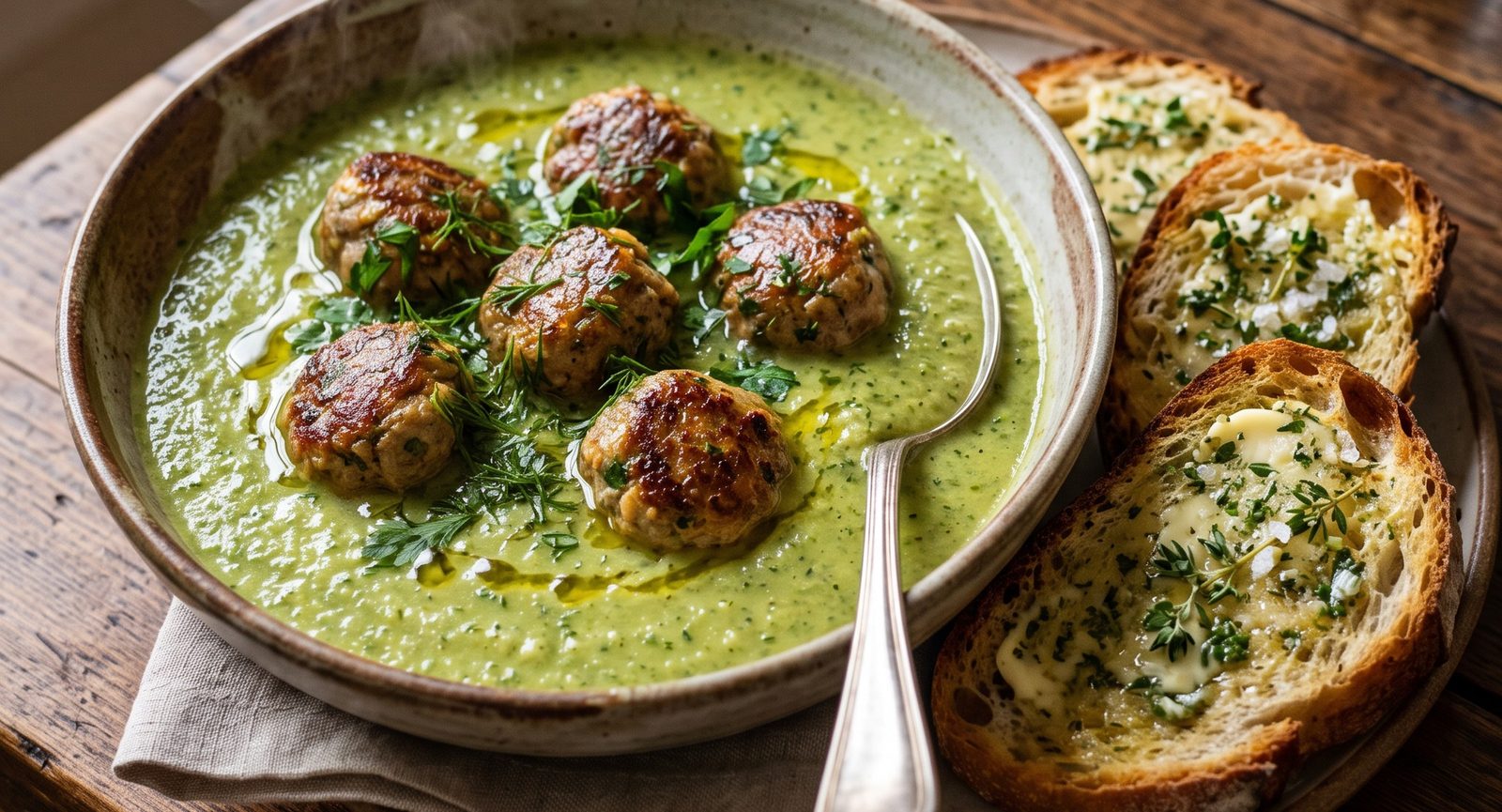 Grüne Zucchinisuppe mit gebratenen Wildbällchen, dazu geröstetes Brot mit Kräutern