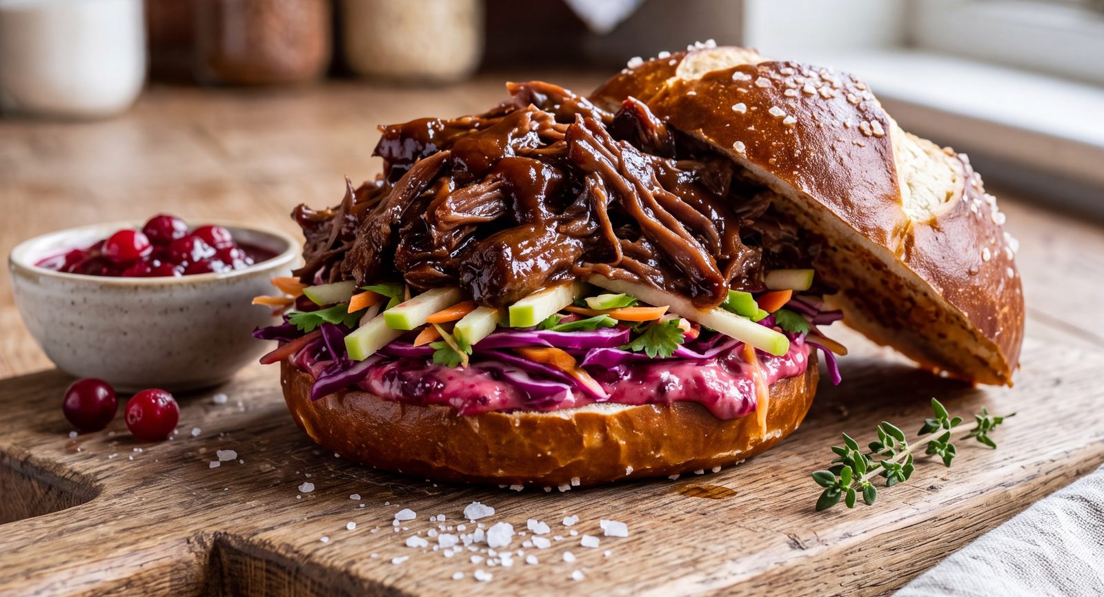 Pulled Deer im Laugenbrötchen mit Apfel-Rotkohl-Salat, Preiselbeer-Schmand und Preiselbeeren