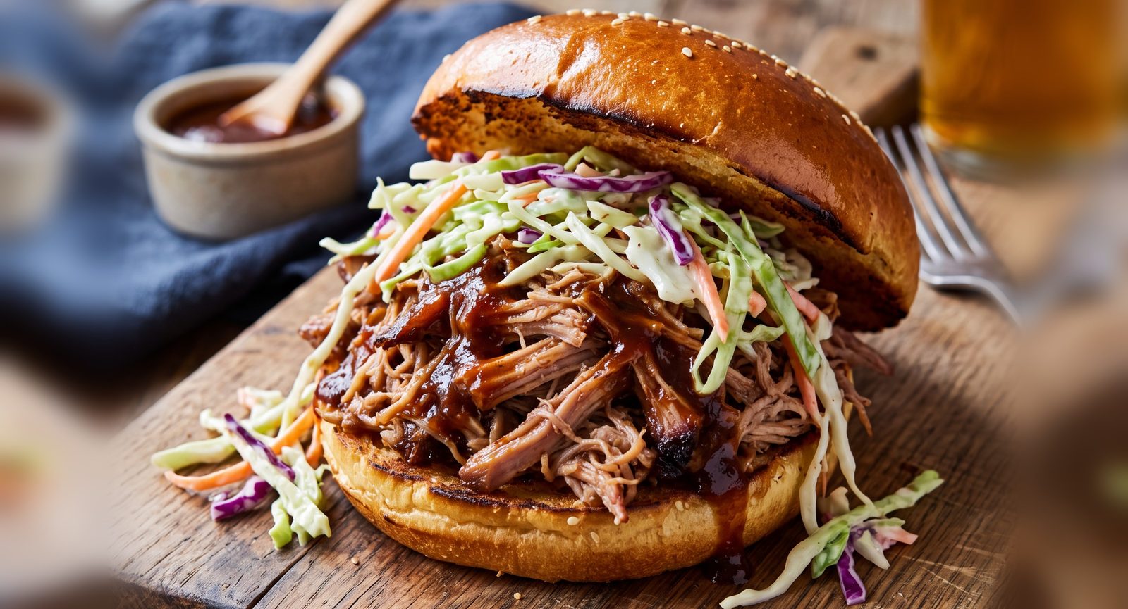 Wildschwein-Pulled-Pork mit BBQ-Soße und Krautsalat im Brötchen